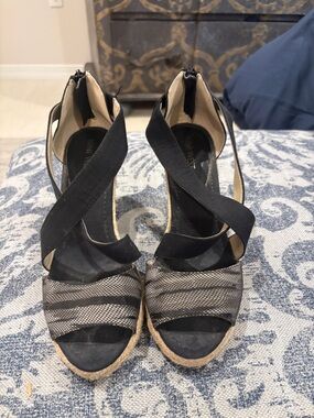 Nine West Black Strappy Espadrille Wedge Sandals